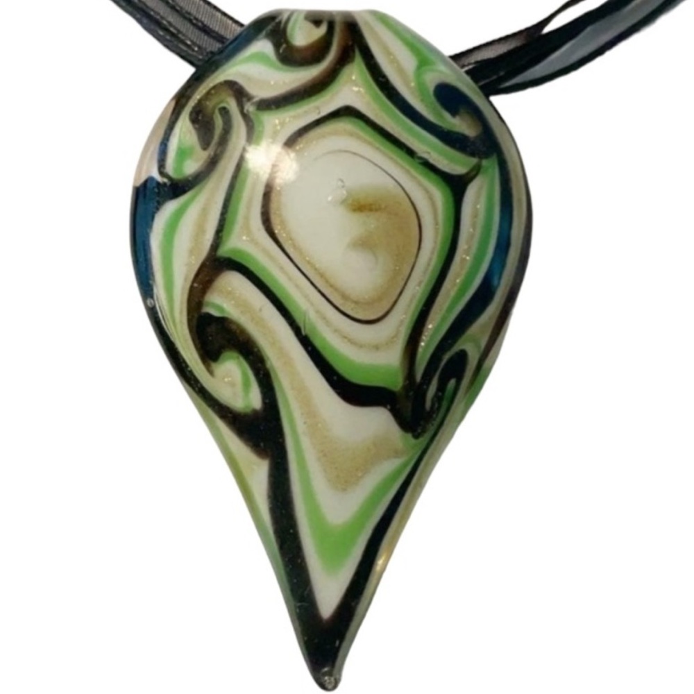 Handmade vintage green blown glass pendant necklace